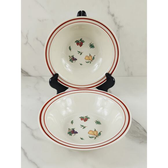 Stone Ware Cereal Bowl 7" Fruit Design Strawberry Grapes Pear Cream Red Trim x2 - Picture 1 of 12